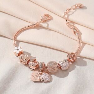 Rose Gold Rhinestone Flower Swan Charm Bracelet